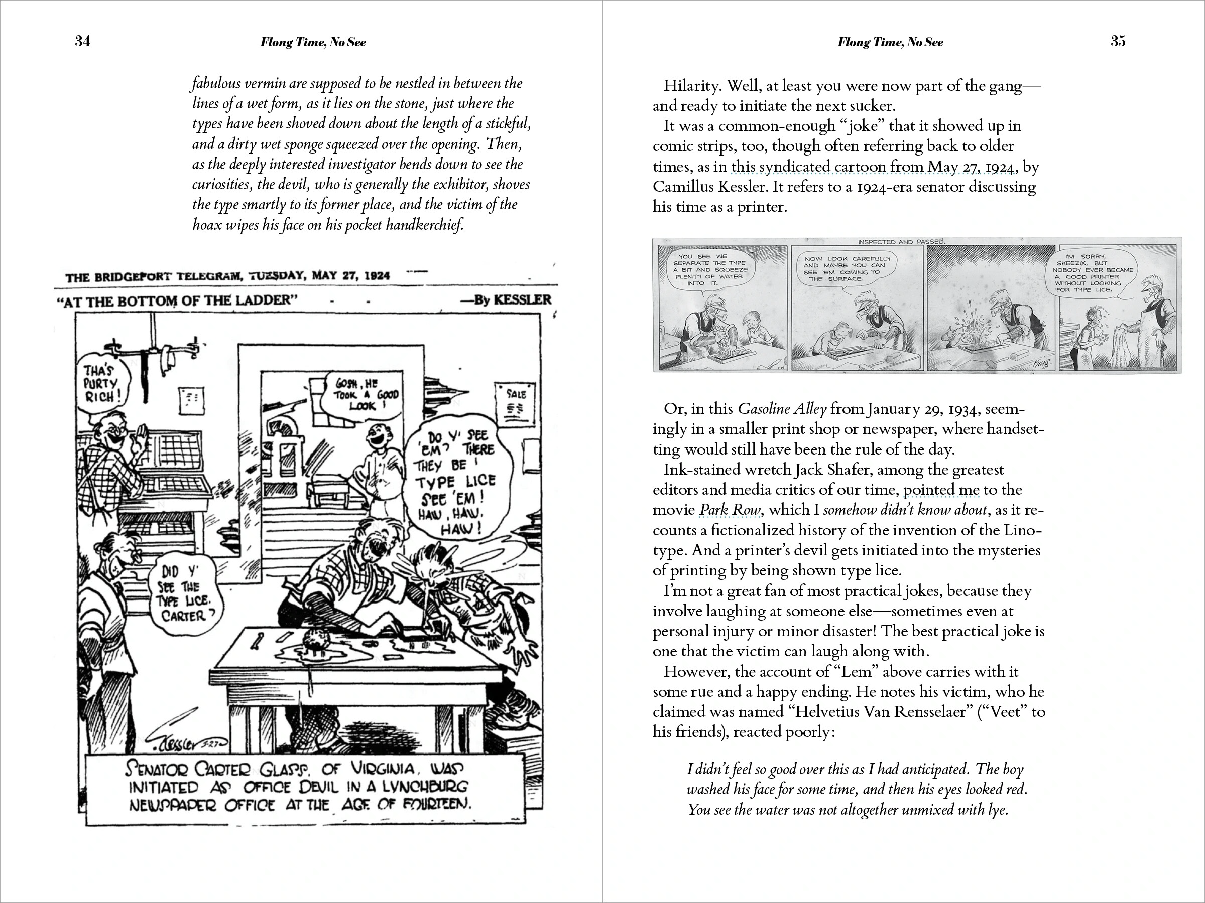 Double-page spread from Flong Time No See showing the chapter on mythical type lice, with a 1924 cartoon and Gasoline Alley comic strip