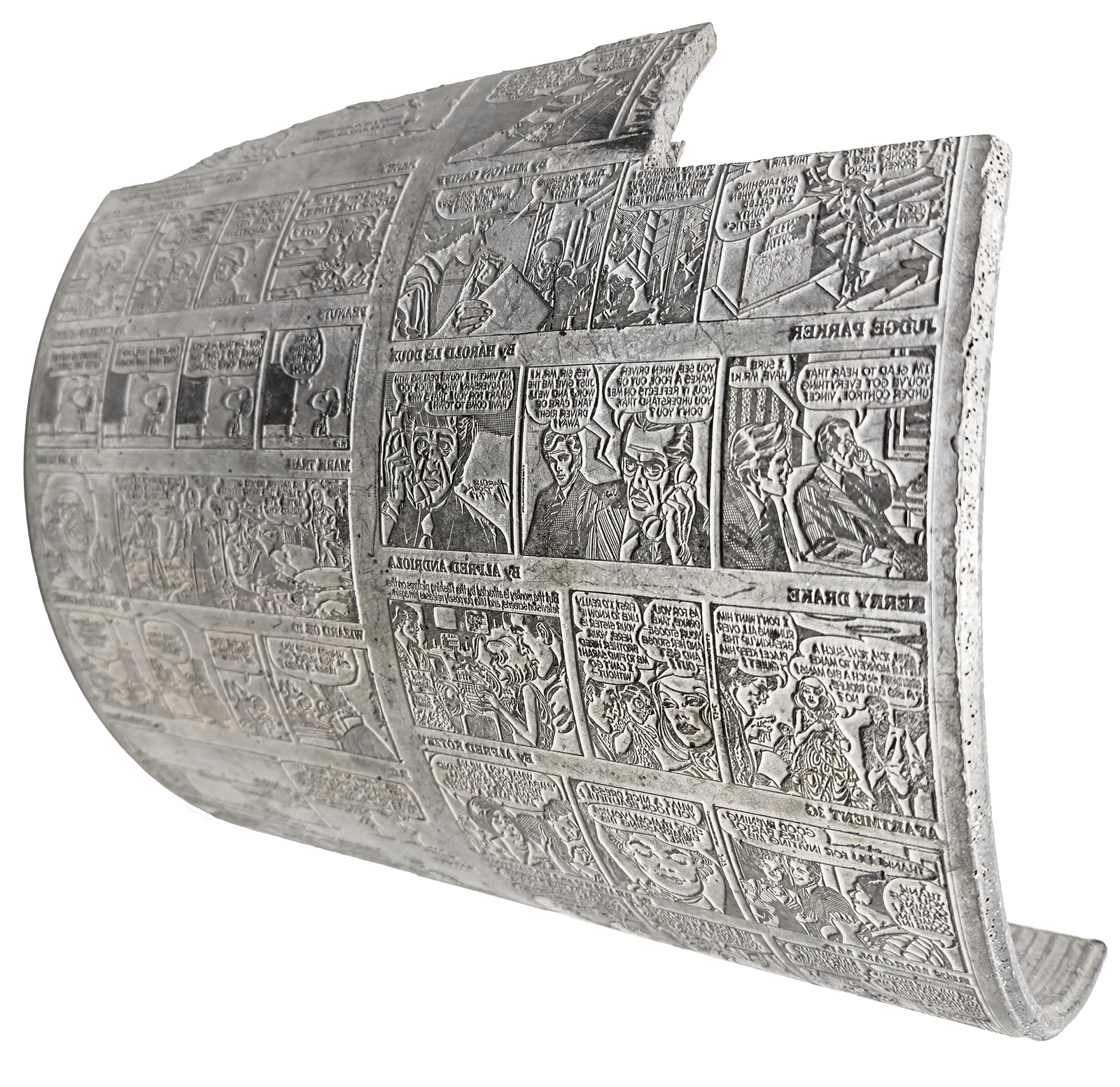 A semi-cylindrical metal printing plate from a 1970s newspaper, showing comic strip panels cast in lead alloy