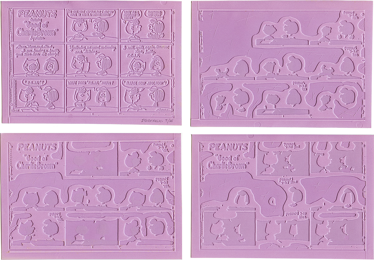 Four purple-toned flong plates for a four-color Sunday Peanuts strip, each showing the same comic in different color separations