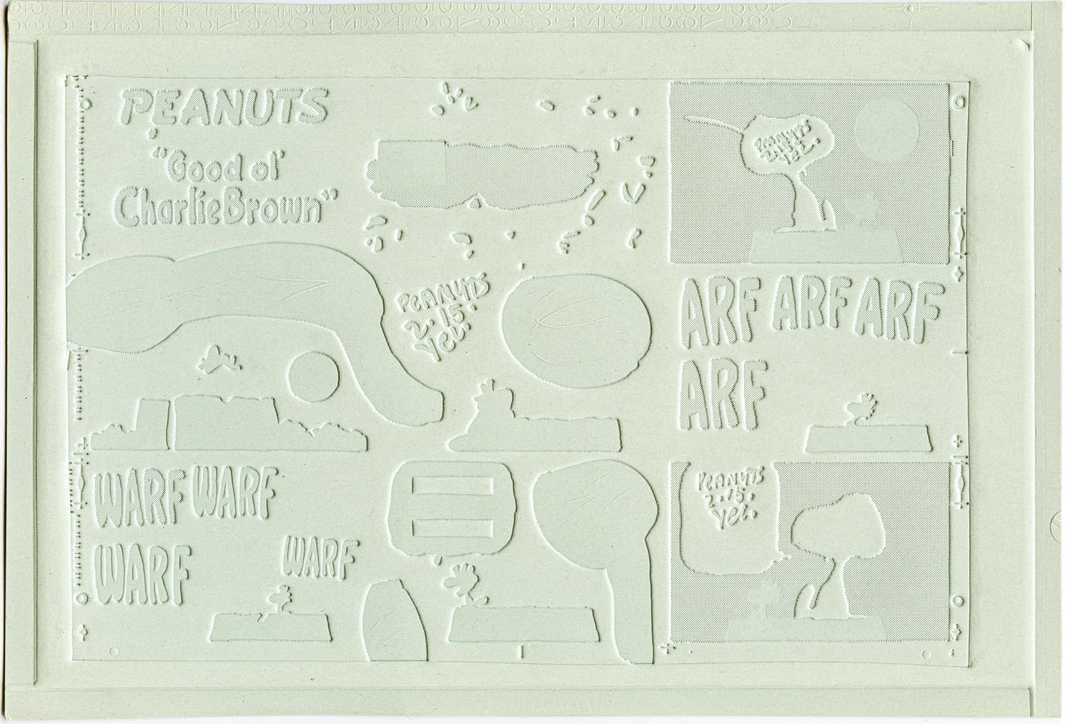 A single yellow-plate flong for a Sunday Peanuts comic, showing Snoopy and other characters in raised relief