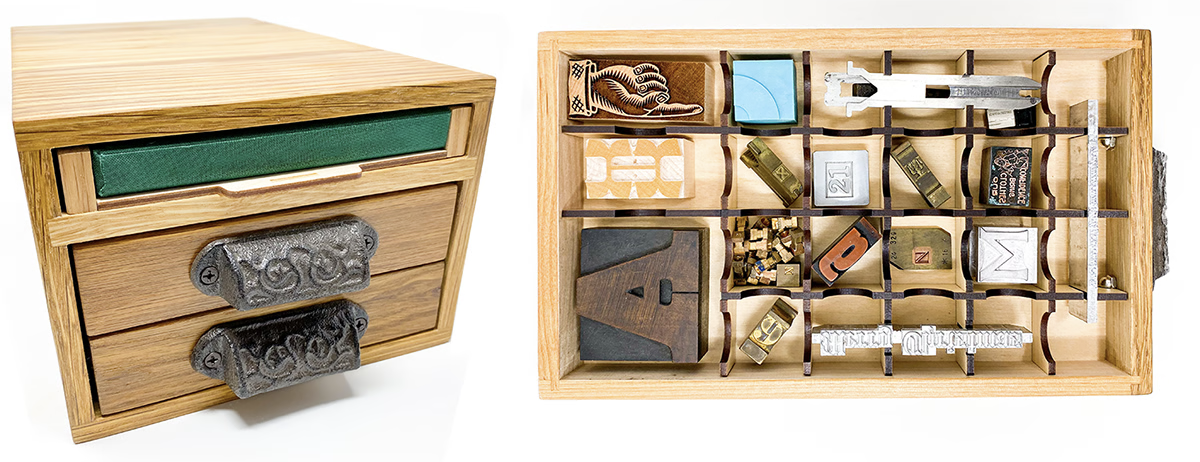 The Tiny Type Museum and Time Capsule: a wooden cabinet with drawers containing historic and newly created printing and type artifacts